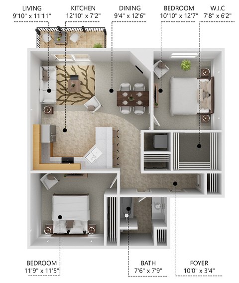 A floor plan of a small apartment with a living room, kitchen, dining room, and bedroom.